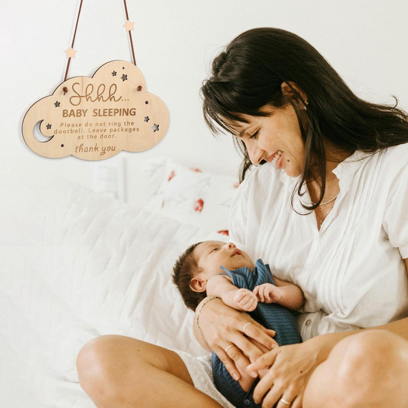 PEUTIER Wooden Sleeping Sign for Front Door - Shhh Baby Sleeping Door Hanger  Do Not Ring Doorbell Sign for Home Decoration - Gifts for New Parents - Image 5